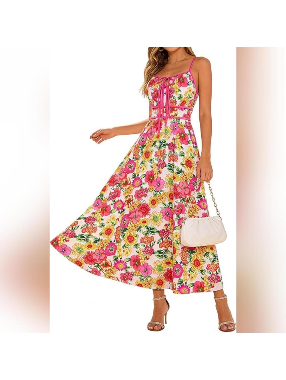 NWT Grace Karin Spaghetti Strap Tie Front Boho Sundress Maxi Dress, L